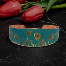 Load image into Gallery viewer, Verdigris Copper Cuff - Etched Tulip Bracelet With Rustic Patina Finish