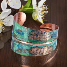 Load image into Gallery viewer, Solid Copper Statement Two-Tone Patina Cuff Bracelet
