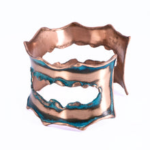 Load image into Gallery viewer, Solid Copper Rustic Patina Cuff Bracelet With Asymmetrical Cutouts