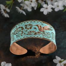 Load image into Gallery viewer, Solid Copper Patina Concave Cuff Bracelet With Hummingbird & Floral Motif - Light Verdigris Patina