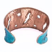 Load image into Gallery viewer, Solid Copper Verdigris Patina Cuff Bracelet With Molten Copper Edging
