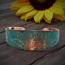 Load image into Gallery viewer, Verdigris Copper Cuff - Etched Sunflower Bracelet With Rustic Patina Finish