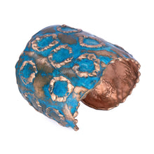 Load image into Gallery viewer, Solid Copper Rustic Patina Cuff Bracelet With Etched Circles - UrbanroseNYC