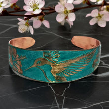 Load image into Gallery viewer, Verdigris Copper Cuff - Etched Hummingbird Bracelet With Rustic Patina Finish