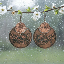 Load image into Gallery viewer, Flora & Fauna Copper Earrings, Dragonfly Split Circle Antique Copper Dangle Style - UrbanroseNYC