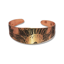 Load image into Gallery viewer, Copper Cuff Bracelet - Handmade Etched Sunflower Cuff With Antique Copper Finish