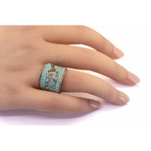Load image into Gallery viewer, Solid Copper Patina Concave Cuff Ring with Hummingbird & Floral Motif & Light Verdigris Patina
