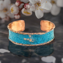 Load image into Gallery viewer, solid copper verdigris patina narrow cuff bracelet with molten edges