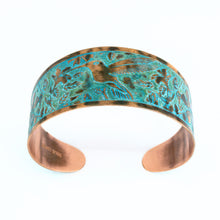 Load image into Gallery viewer, Solid Copper Patina Cuff Bracelet with Hummingbird & Floral Motif & Dark Verdigris Patina - UrbanroseNYC