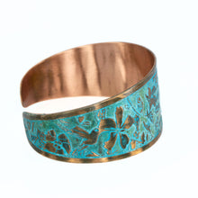 Load image into Gallery viewer, Solid Copper Patina Cuff Bracelet with Hummingbird & Floral Motif & Dark Verdigris Patina - UrbanroseNYC