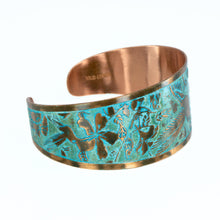 Load image into Gallery viewer, Solid Copper Patina Cuff Bracelet with Hummingbird & Floral Motif & Dark Verdigris Patina - UrbanroseNYC