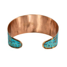 Load image into Gallery viewer, Solid Copper Patina Cuff Bracelet with Hummingbird & Floral Motif & Dark Verdigris Patina - UrbanroseNYC