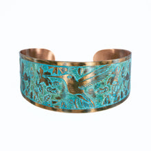 Load image into Gallery viewer, Solid Copper Patina Cuff Bracelet with Hummingbird & Floral Motif & Dark Verdigris Patina - UrbanroseNYC