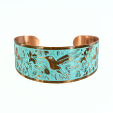 Load image into Gallery viewer, Solid Copper Patina Cuff Bracelet with Hummingbird & Floral Motif & Light Verdigris Patina - UrbanroseNYC