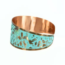 Load image into Gallery viewer, Solid Copper Patina Cuff Bracelet with Hummingbird & Floral Motif & Light Verdigris Patina - UrbanroseNYC