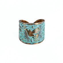 Load image into Gallery viewer, Solid Copper Patina Cuff Ring with Hummingbird & Floral Motif & Light Verdigris Patina