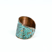 Load image into Gallery viewer, Solid Copper Patina Cuff Ring with Hummingbird & Floral Motif & Light Verdigris Patina