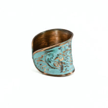 Load image into Gallery viewer, Solid Copper Patina Concave Cuff Ring with Hummingbird & Floral Motif & Light Verdigris Patina