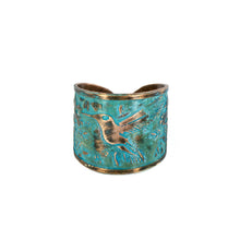 Load image into Gallery viewer, Solid Copper Patina Cuff Ring with Hummingbird & Floral Motif & Dark Verdigris Patina