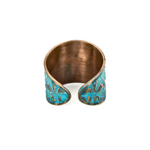 Load image into Gallery viewer, Solid Copper Patina Cuff Ring with Hummingbird & Floral Motif & Dark Verdigris Patina