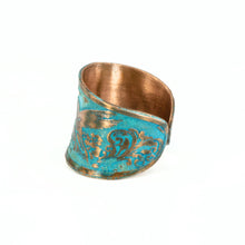Load image into Gallery viewer, Solid Copper Patina Concave Cuff Ring with Hummingbird & Floral Motif & Dark Verdigris Patina
