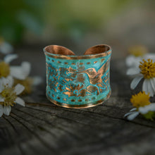 Load image into Gallery viewer, Solid Copper Patina Concave Cuff Ring with Hummingbird & Floral Motif & Dark Verdigris Patina