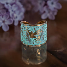Load image into Gallery viewer, Solid Copper Patina Cuff Ring with Hummingbird & Floral Motif & Light Verdigris Patina