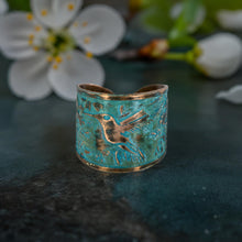 Load image into Gallery viewer, Solid Copper Patina Cuff Ring with Hummingbird & Floral Motif & Dark Verdigris Patina