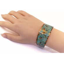 Load image into Gallery viewer, Solid Copper Patina Cuff Bracelet with Hummingbird & Floral Motif & Dark Verdigris Patina - UrbanroseNYC