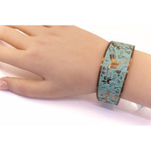 Load image into Gallery viewer, Solid Copper Patina Cuff Bracelet with Hummingbird & Floral Motif & Light Verdigris Patina - UrbanroseNYC
