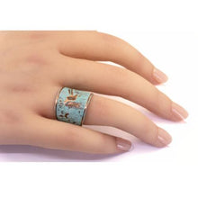 Load image into Gallery viewer, Solid Copper Patina Cuff Ring with Hummingbird & Floral Motif & Light Verdigris Patina
