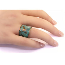 Load image into Gallery viewer, Solid Copper Patina Cuff Ring with Hummingbird & Floral Motif & Dark Verdigris Patina