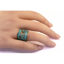 Load image into Gallery viewer, Solid Copper Patina Concave Cuff Ring with Hummingbird & Floral Motif & Dark Verdigris Patina