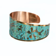 Load image into Gallery viewer, Solid Copper Patina Cuff Bracelet with Hummingbird & Floral Motif & Dark Verdigris Patina - UrbanroseNYC