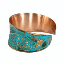 Load image into Gallery viewer, Solid Copper Patina Concave Cuff Bracelet with Hummingbird & Floral Motif & Dark Verdigris Patina