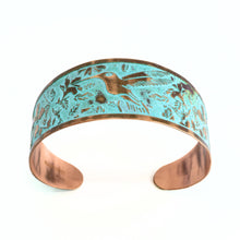 Load image into Gallery viewer, Solid Copper Patina Cuff Bracelet with Hummingbird & Floral Motif & Light Verdigris Patina - UrbanroseNYC
