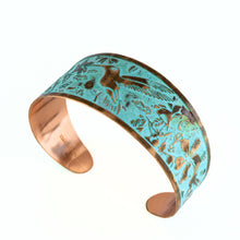 Load image into Gallery viewer, Solid Copper Patina Cuff Bracelet with Hummingbird & Floral Motif & Light Verdigris Patina - UrbanroseNYC