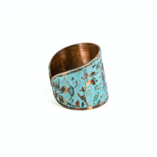 Load image into Gallery viewer, Solid Copper Patina Cuff Ring with Hummingbird & Floral Motif & Light Verdigris Patina