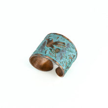 Load image into Gallery viewer, Solid Copper Patina Cuff Ring with Hummingbird & Floral Motif & Light Verdigris Patina