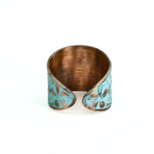 Load image into Gallery viewer, Solid Copper Patina Cuff Ring with Hummingbird & Floral Motif & Light Verdigris Patina