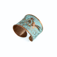 Load image into Gallery viewer, Solid Copper Patina Concave Cuff Ring with Hummingbird & Floral Motif & Light Verdigris Patina