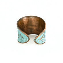 Load image into Gallery viewer, Solid Copper Patina Concave Cuff Ring with Hummingbird & Floral Motif & Light Verdigris Patina