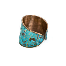 Load image into Gallery viewer, Solid Copper Patina Cuff Ring with Hummingbird & Floral Motif & Dark Verdigris Patina