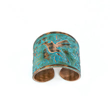 Load image into Gallery viewer, Solid Copper Patina Cuff Ring with Hummingbird & Floral Motif & Dark Verdigris Patina