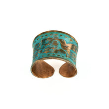 Load image into Gallery viewer, Solid Copper Patina Concave Cuff Ring with Hummingbird & Floral Motif & Dark Verdigris Patina