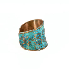 Load image into Gallery viewer, Solid Copper Patina Concave Cuff Ring with Hummingbird & Floral Motif & Dark Verdigris Patina