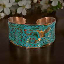 Load image into Gallery viewer, Solid Copper Patina Concave Cuff Bracelet with Hummingbird & Floral Motif & Dark Verdigris Patina