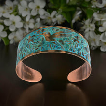 Load image into Gallery viewer, Solid Copper Patina Cuff Bracelet with Hummingbird & Floral Motif & Dark Verdigris Patina - UrbanroseNYC