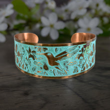 Load image into Gallery viewer, Solid Copper Patina Cuff Bracelet with Hummingbird & Floral Motif & Light Verdigris Patina - UrbanroseNYC