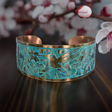 Load image into Gallery viewer, Solid Copper Patina Cuff Bracelet with Hummingbird & Floral Motif & Dark Verdigris Patina - UrbanroseNYC